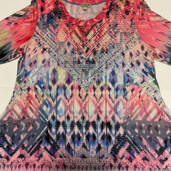 One World Women’s Top Colorful Stained Glass Geometric W/Rhinestones Cro… - Picture 1 of 11